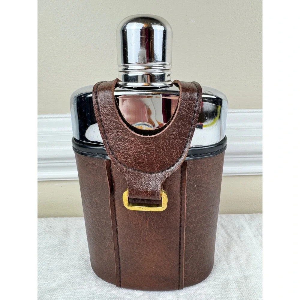Vintage Glass Hip Flask Brown Faux Leather Carrier Chrome Shot Cup Cap Fluted